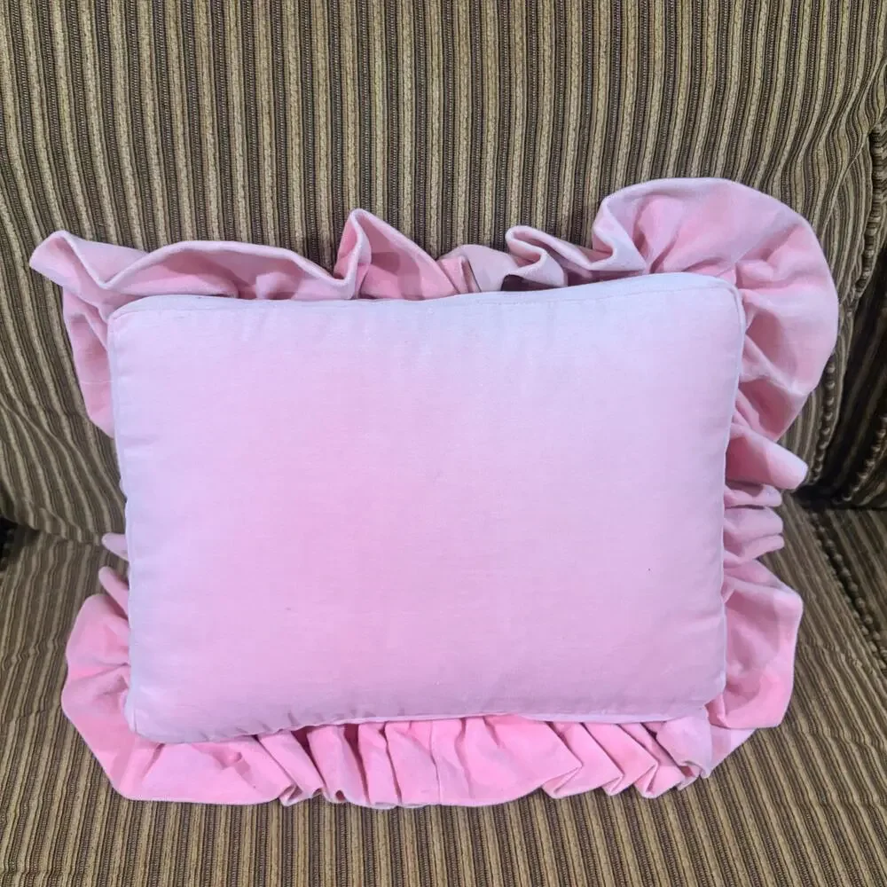 Grandmillennial Dachshund Needlepoint Accent Pillow Pink Velvet Ruffle Handmade